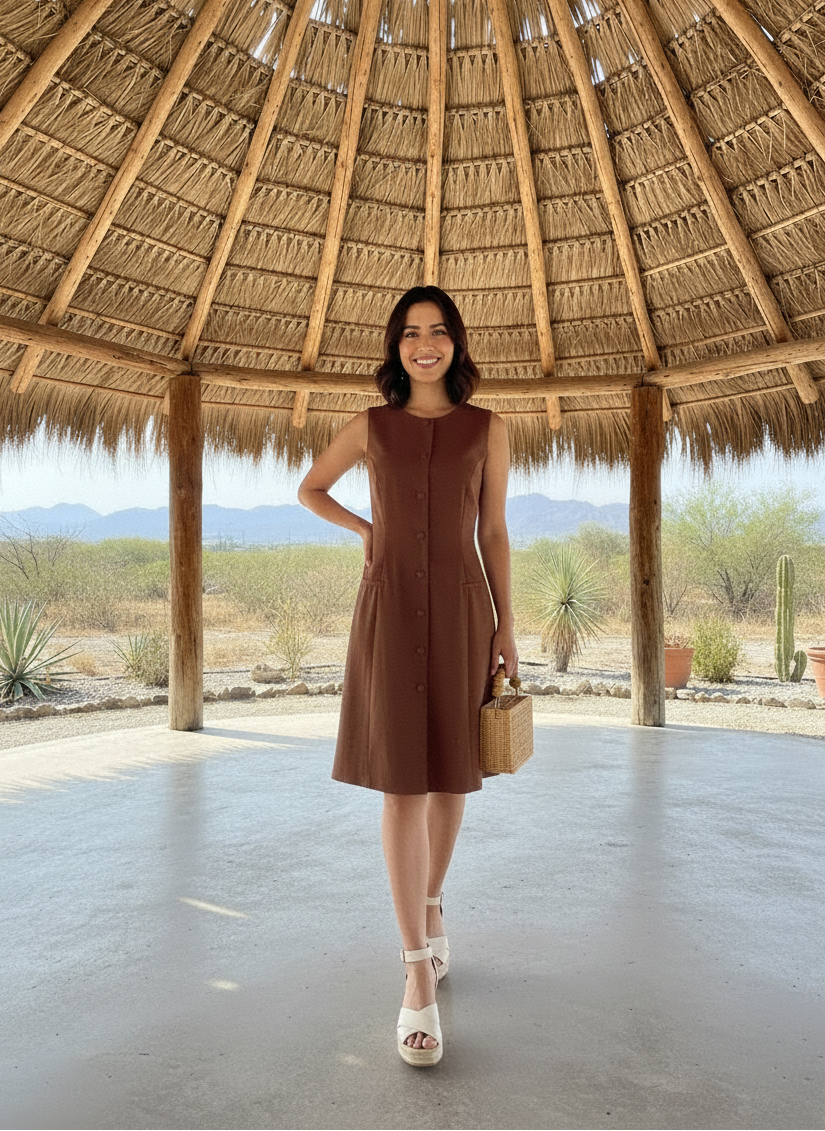 Vestido Clásico cuello redondo con botones