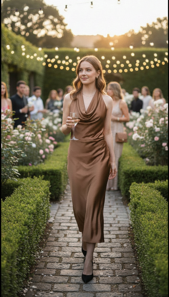 Vestido Satinado Cuello Cowl