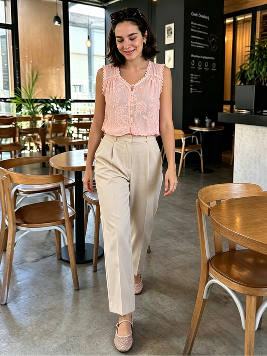 Blusa Rosa con Encaje y Bordado Floral